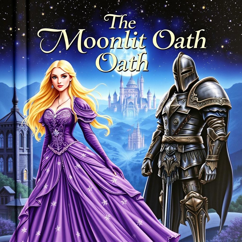 An exquisite fantasy book cover depicting a princess with long, flowing blonde hair, elegantly dressed in a detailed purple gown embellished with sparkling stars