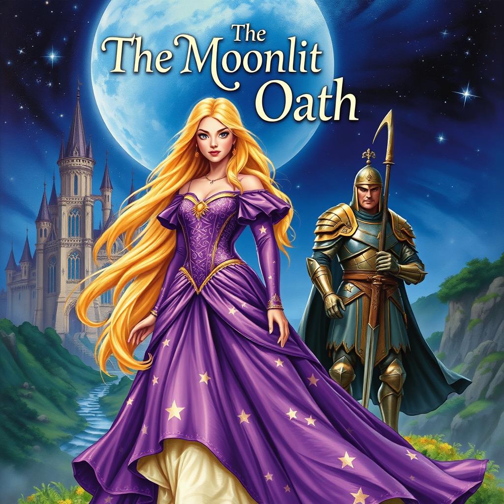 A captivating fantasy book cover illustrating a princess with long, flowing blonde hair dressed in a beautifully detailed purple gown that sparkles with stars
