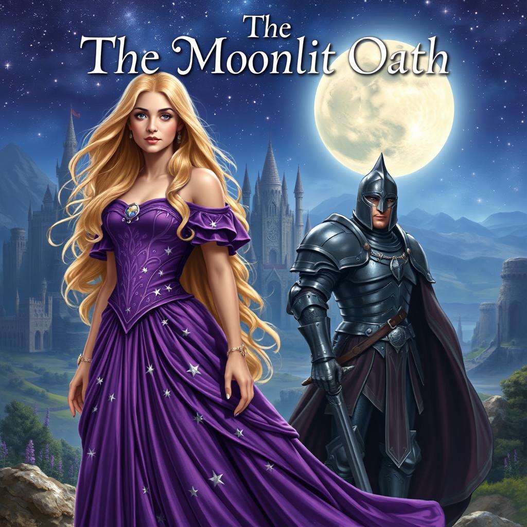 A breathtaking fantasy book cover featuring a princess depicted with long, flowing blonde hair, elegantly wearing a richly detailed purple gown adorned with shimmering stars