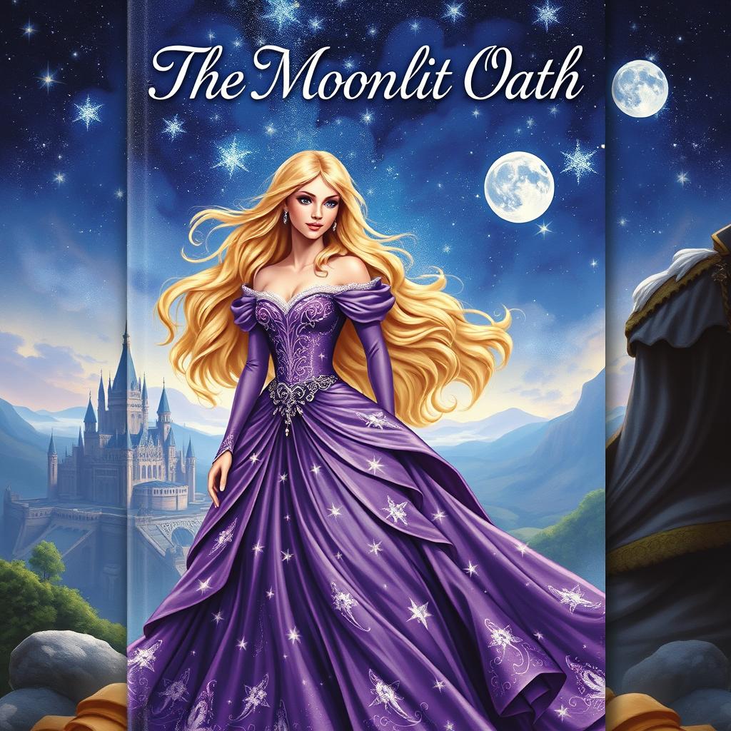 An enchanting fantasy book cover featuring a princess with long, flowing blonde hair, gracefully adorned in a beautifully detailed purple gown that shimmers with stars
