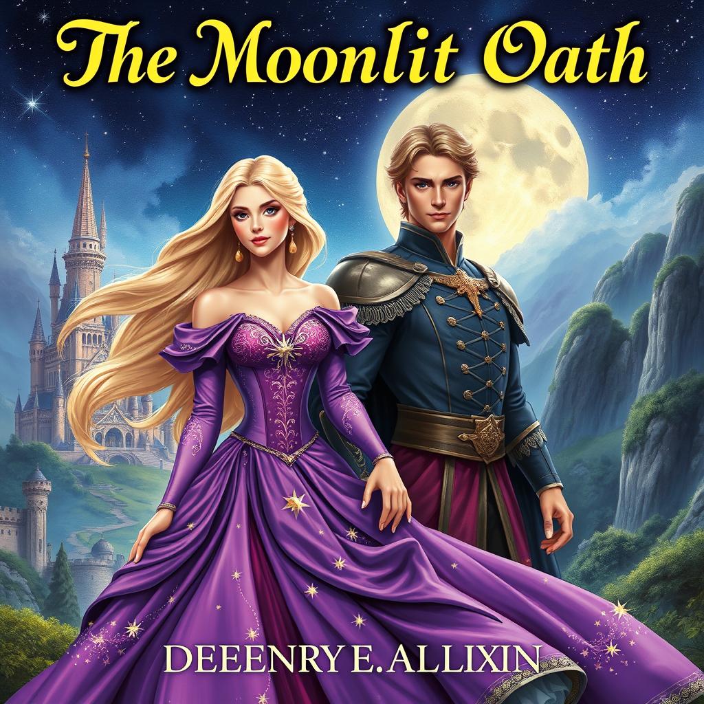 A stunning fantasy book cover featuring a princess with flowing blonde hair, elegantly dressed in a richly detailed purple gown embellished with sparkling stars