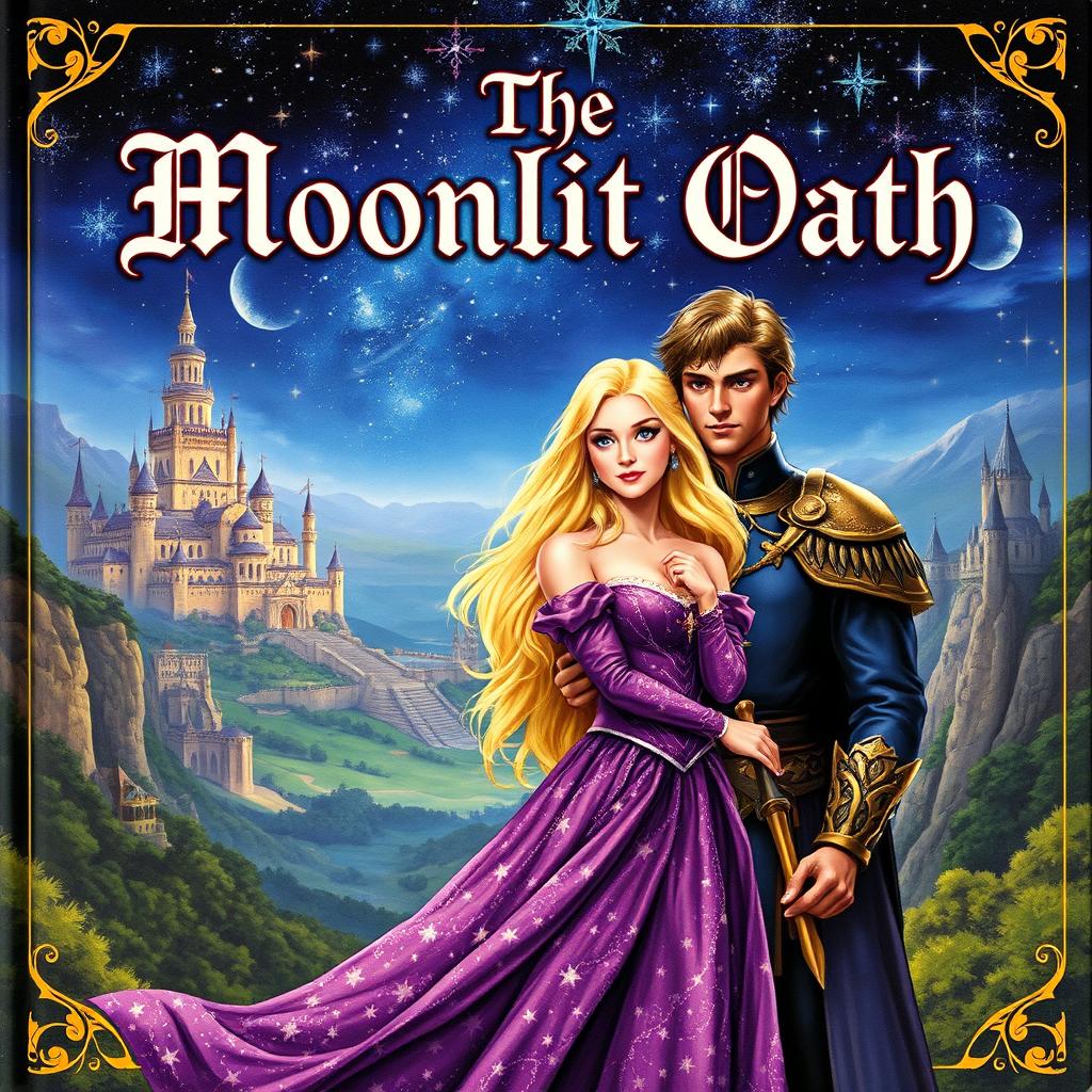 An exquisite fantasy book cover featuring a princess with long, flowing blonde hair, elegantly dressed in a richly detailed purple gown shimmering with stars