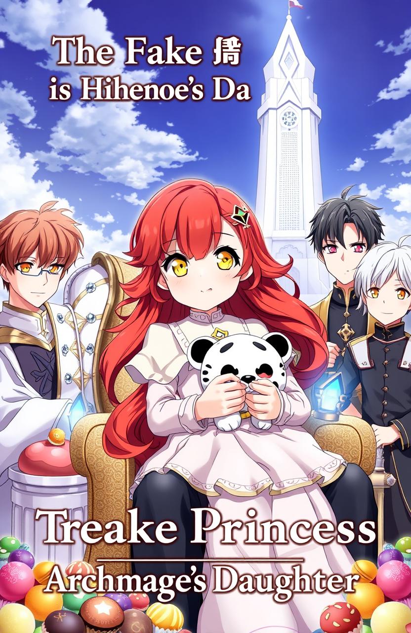 An anime style novel cover featuring a seven-year-old girl with long, wavy carmine red hair styled with soft bangs sweeping to the left