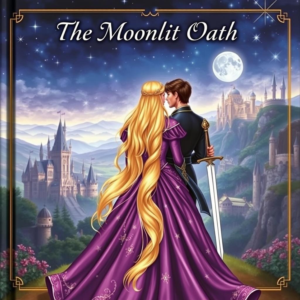 A captivating fantasy book cover depicting a princess with long, flowing blonde hair, dressed in a richly detailed purple gown adorned with stars