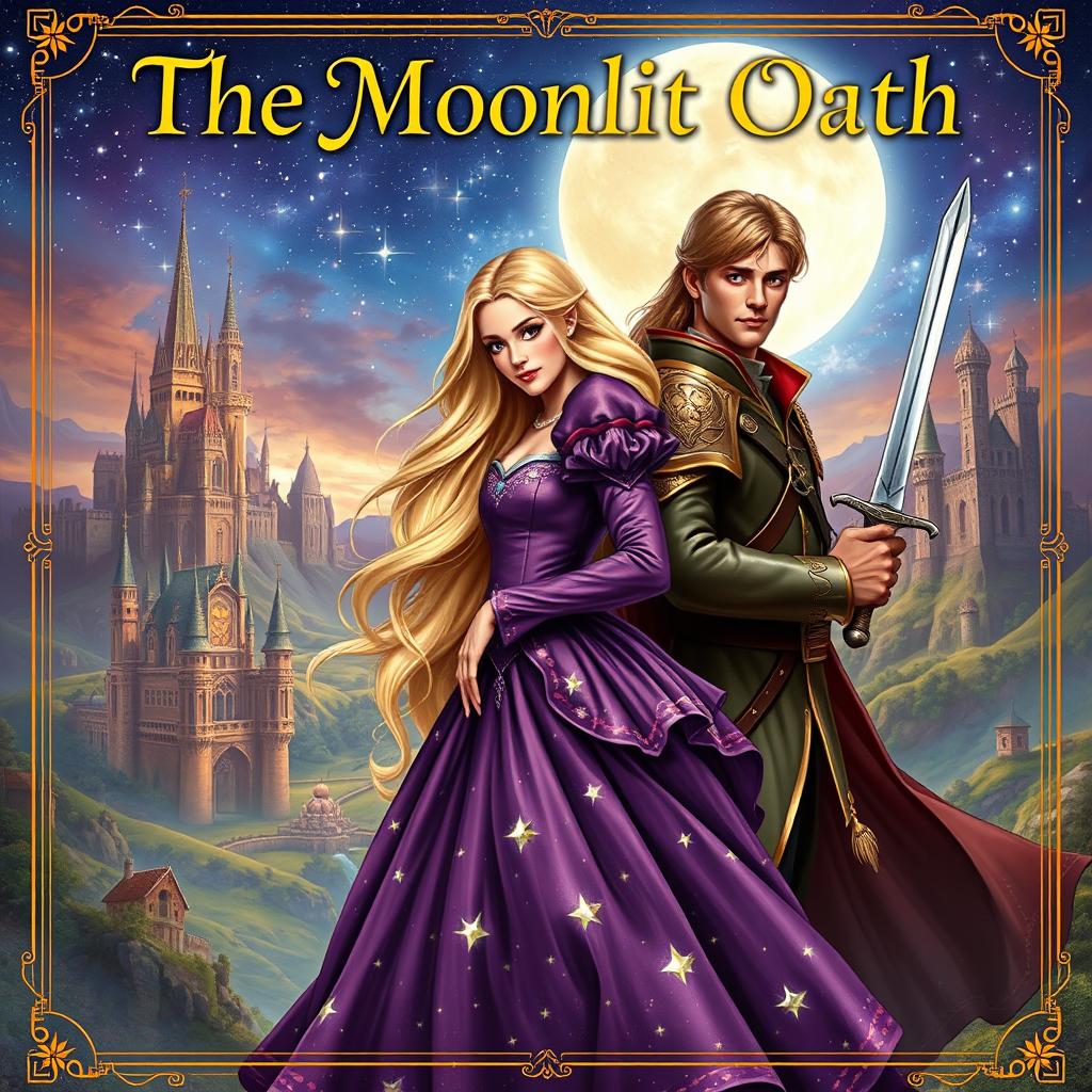 An enchanting fantasy book cover depicting a princess with long, flowing blonde hair dressed in a richly detailed purple gown adorned with sparkling stars
