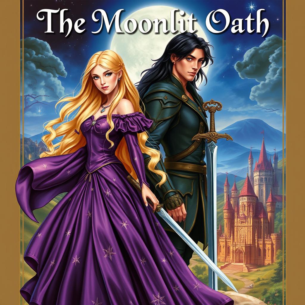 A stunning fantasy book cover featuring a princess with long, flowing blonde hair dressed in a richly detailed purple gown adorned with shimmering stars