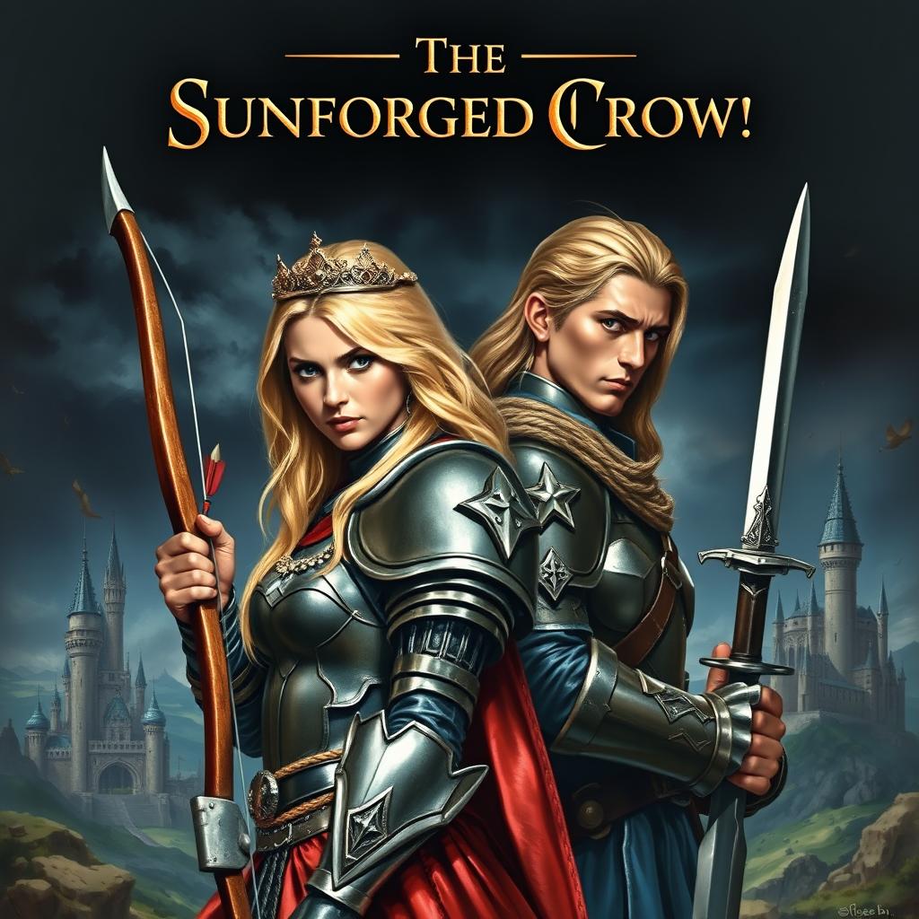 An intense fantasy book cover featuring a determined princess clad in shining armor, adorned with a delicate tiara, showcasing her beautiful long blonde hair