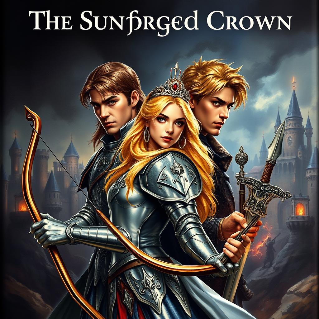 An intense fantasy book cover featuring a formidable princess clad in shining armor, adorned with a delicate tiara, showcasing her long blonde hair