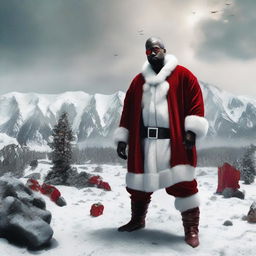 Kanye West dressed as Santa Claus, valiantly battling demonic creatures in a hellish landscape.