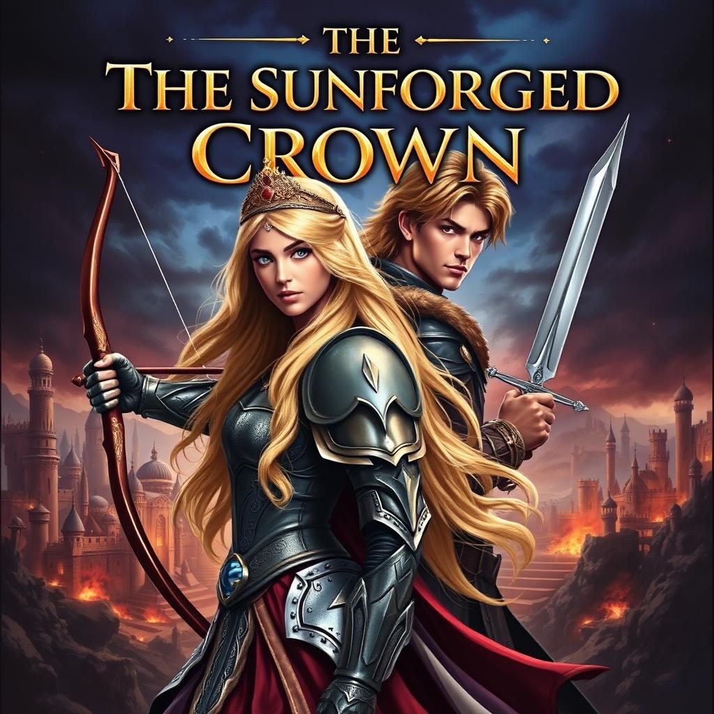 An epic fantasy book cover showcasing a fierce princess in shining armor, elegantly adorned with a tiara, her long blonde hair flowing gently