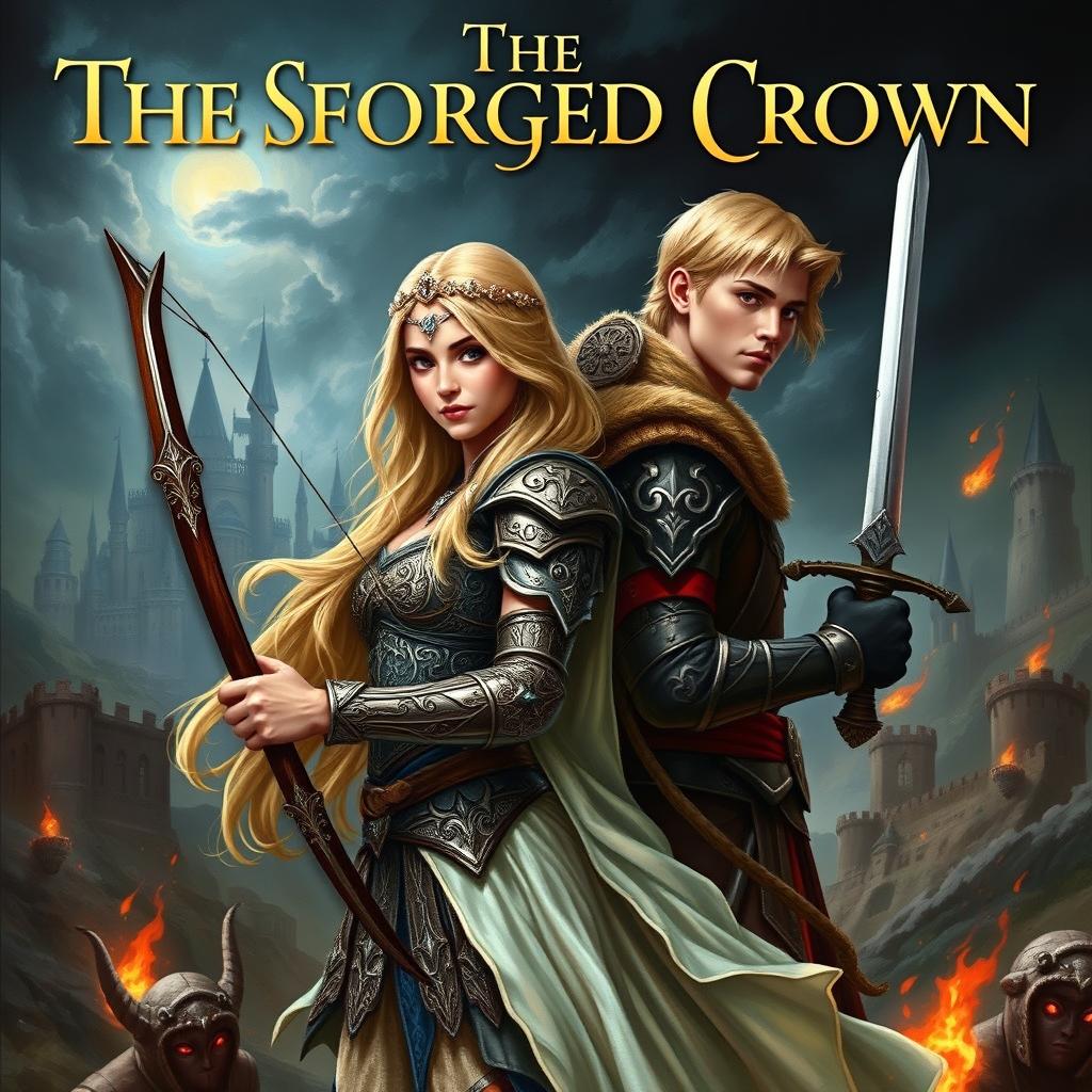 A captivating fantasy book cover showcasing a brave princess in intricately designed armor, adorned with a sparkling tiara, her long blonde hair cascading down her back