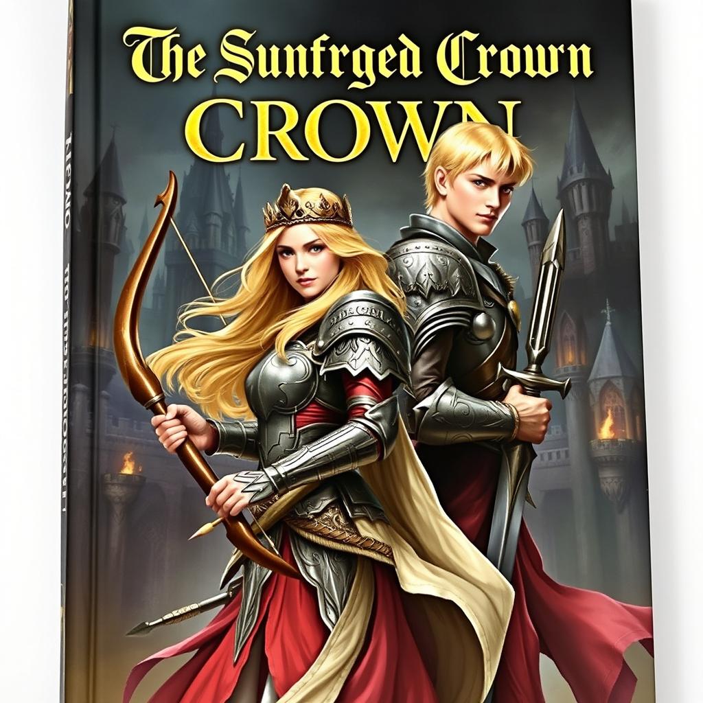 A stunning fantasy book cover depicting a brave princess in intricate armor, elegantly adorned with a tiara, her long blonde hair flowing behind her