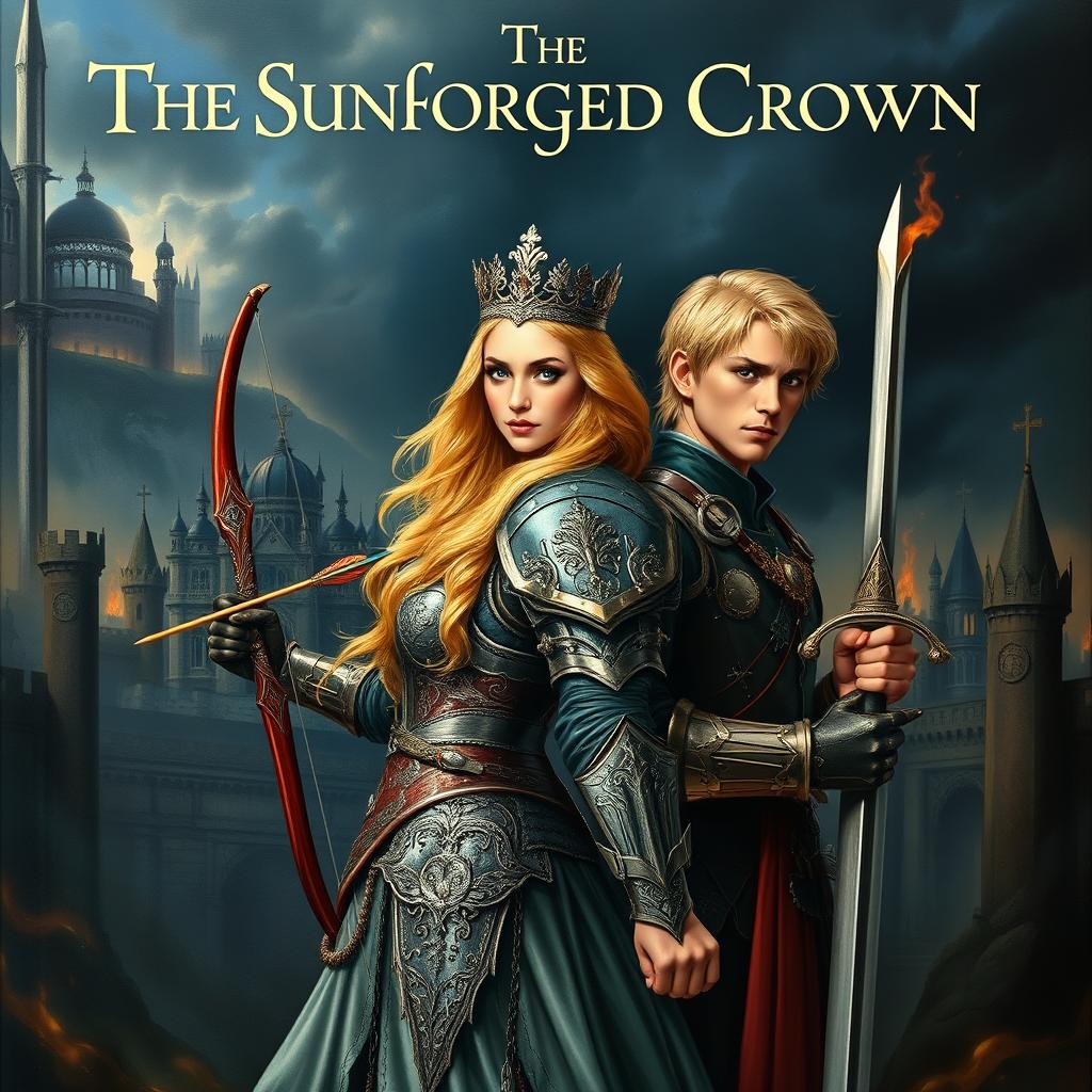 A stunning fantasy book cover featuring a courageous princess clad in intricately detailed armor, highlighted by a gleaming tiara atop her long blonde hair