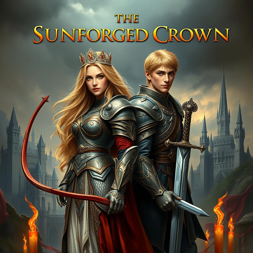 An enchanting fantasy book cover depicting a valiant princess clad in ornate armor, adorned with a shimmering tiara and featuring long, flowing blonde hair
