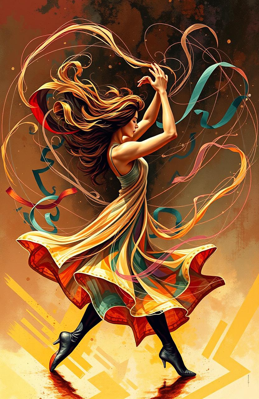 A dynamic and expressive dance interpretation embodying the essence of life, featuring swirling movements that flow seamlessly into one another