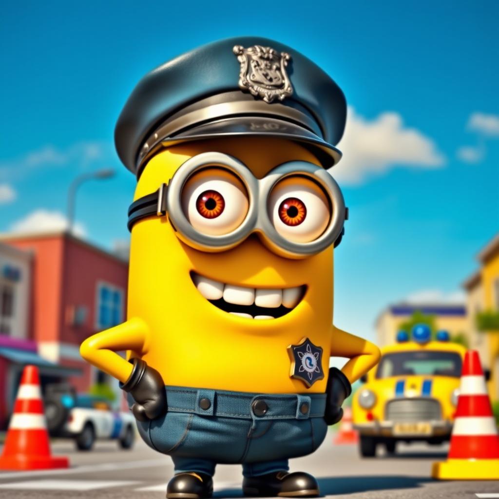 A comical scene featuring a cheerful Minion dressed as a policeman, complete with a police cap and badge