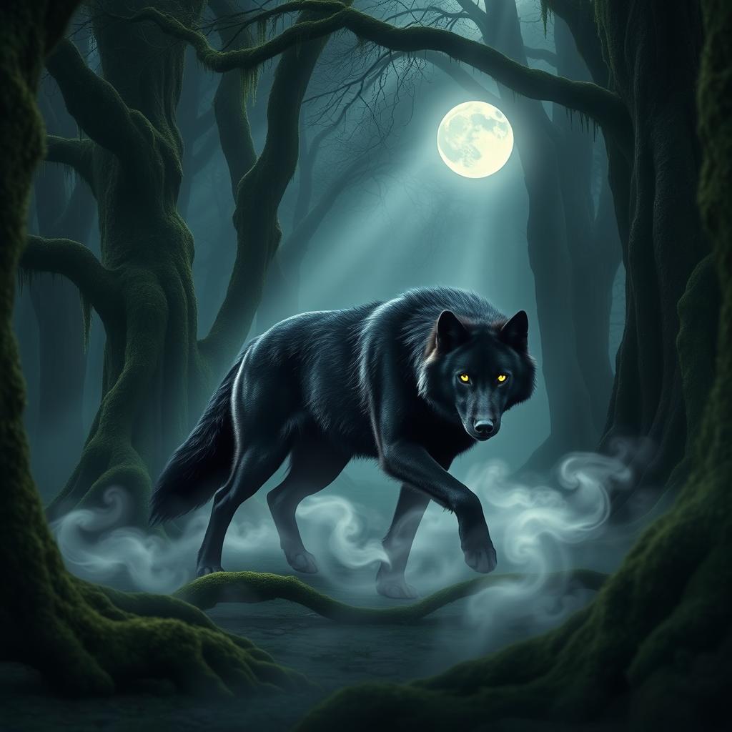 A striking black wolf prowling through a misty forest, illuminated by soft beams of moonlight breaking through the dense tree canopy