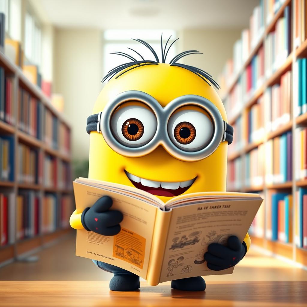 A cheerful yellow Minion character, with large round eyes and a big smile, holding an open book in its tiny hands