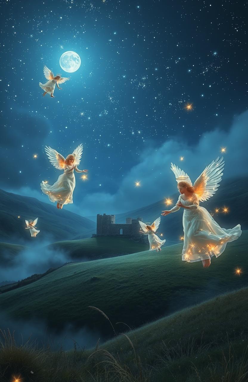 A breathtaking fantasy scene in the British Isles under a starry night sky filled with shimmering celestial magic