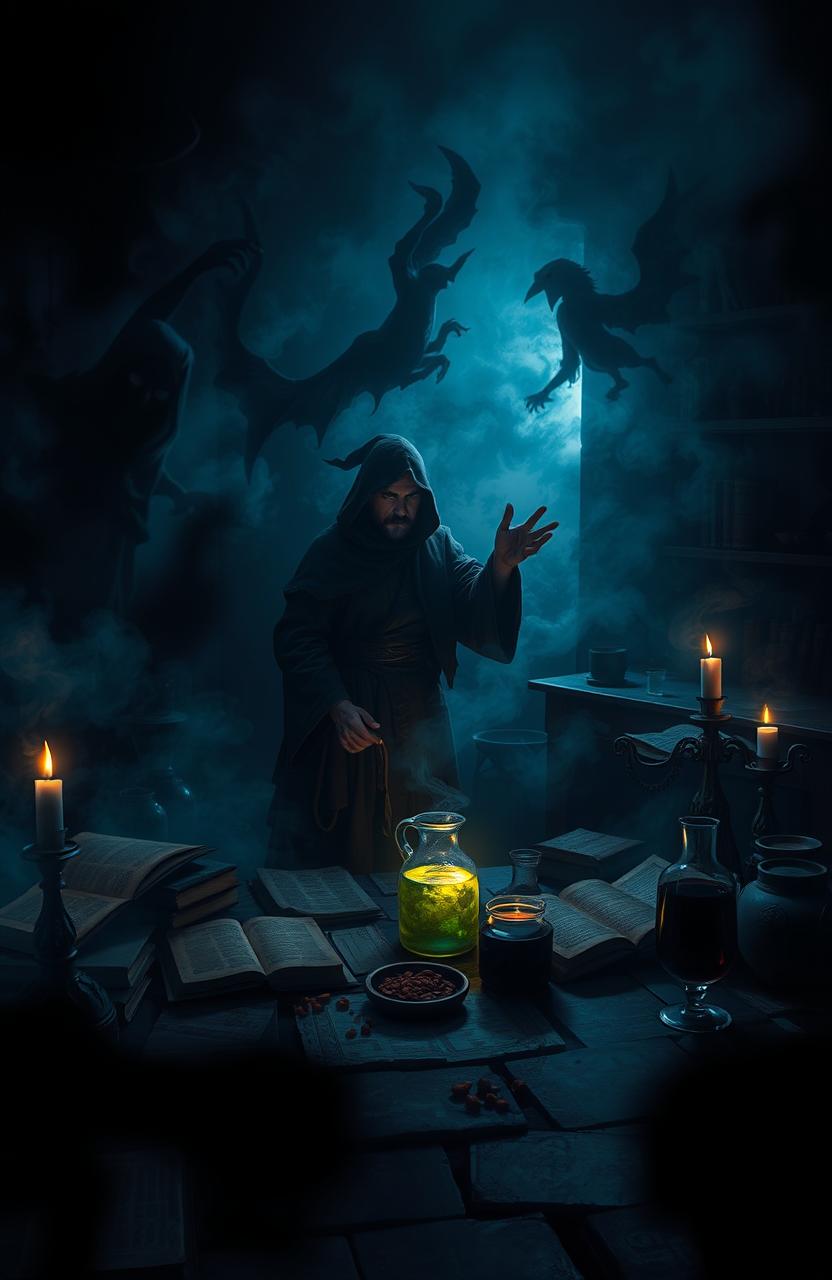 A dark and spooky scene titled "The Midnight Alchemist" featuring a mysterious alchemist in a shadowy laboratory