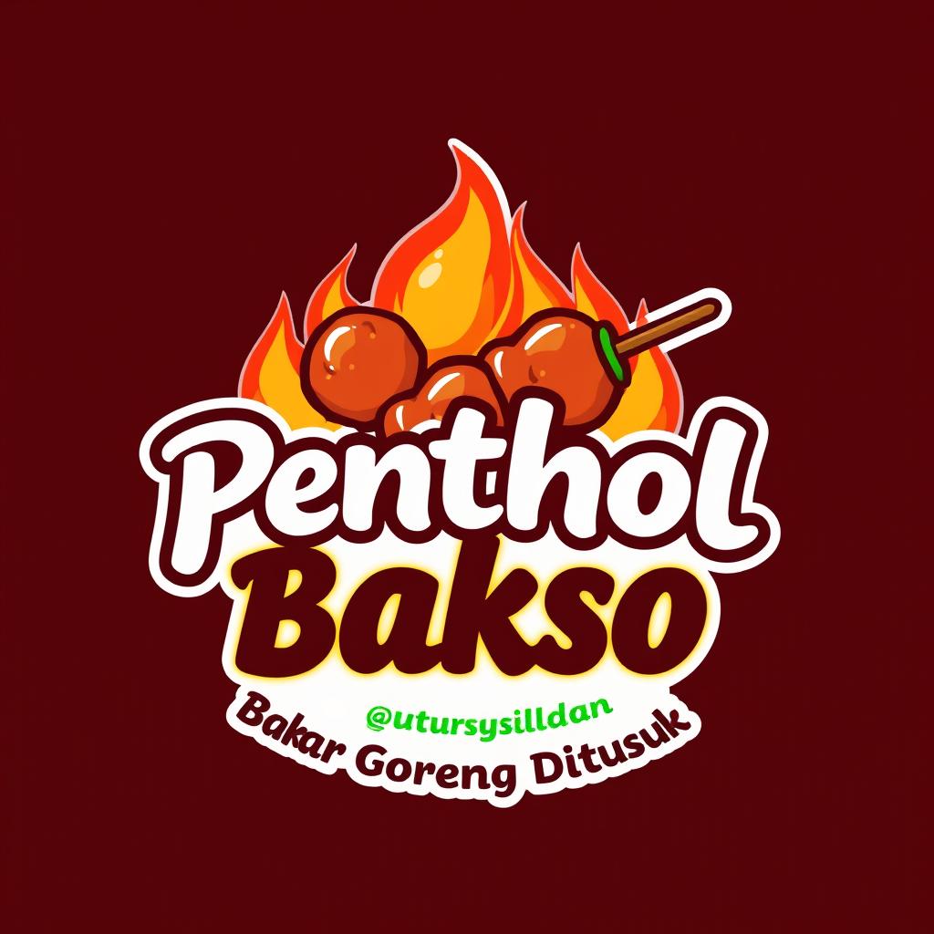 A vibrant logo design for a food brand named 'Penthol Bakso Bakar Goreng Ditusuk'