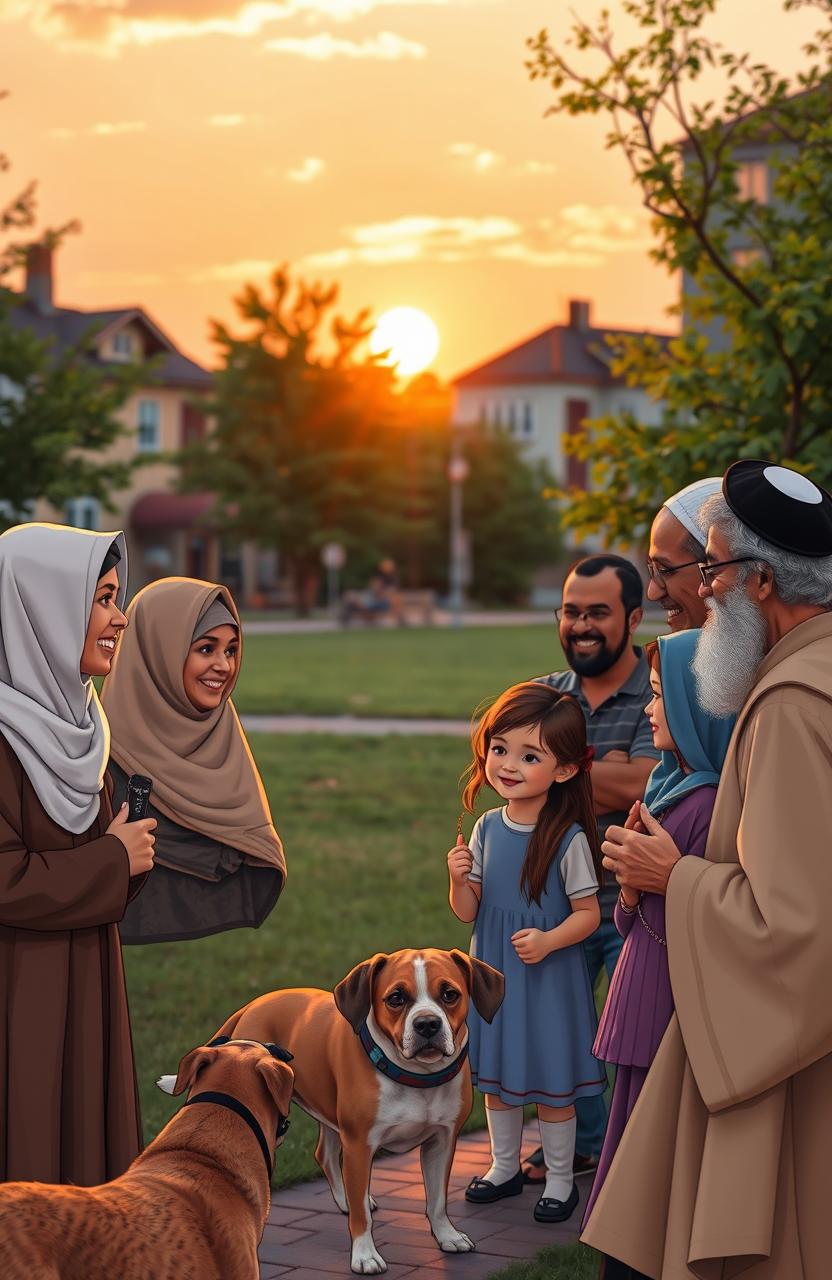 A peaceful town scene where a small group of diverse individuals, representing various religions and cultures, gather in a park