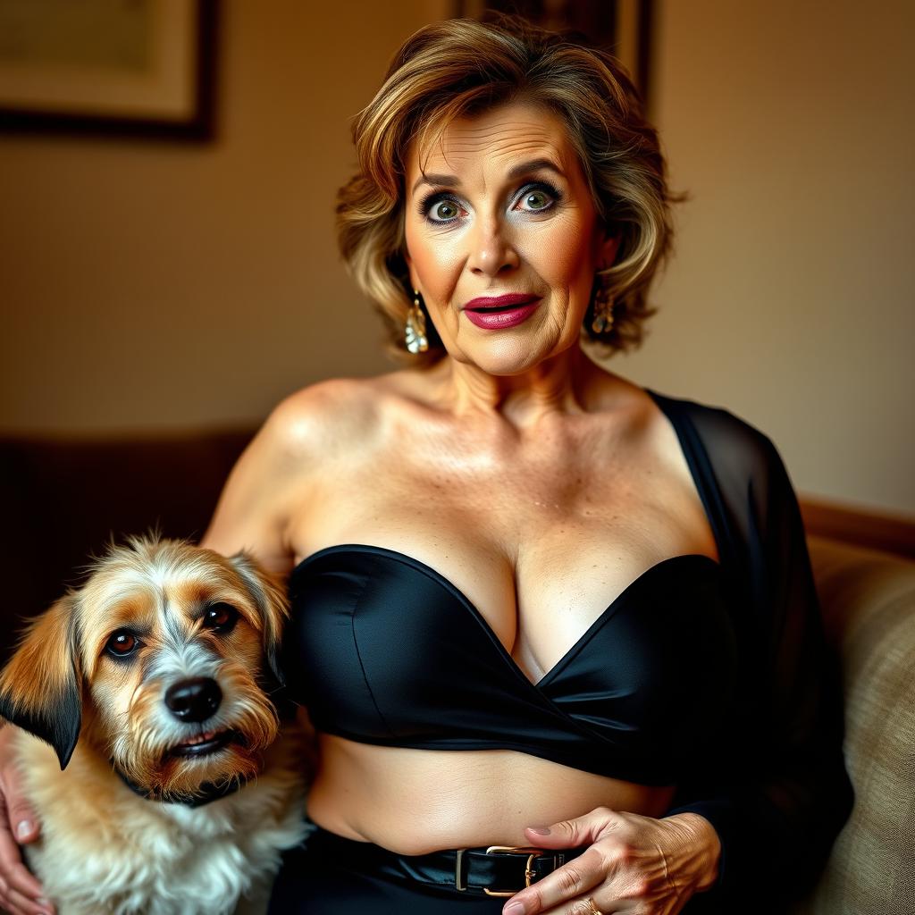 An attractive 70-year-old woman in sexy attire, prominently showcasing her ample décolletage