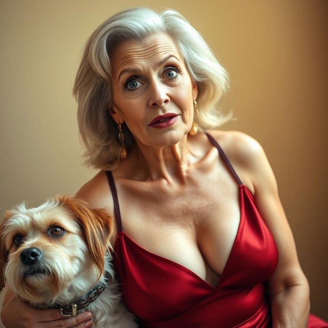 An attractive 70-year-old woman in sexy attire, prominently showcasing her ample décolletage