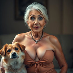 An attractive 70-year-old woman in sexy attire, prominently showcasing her ample décolletage