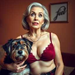 An attractive 70-year-old woman in sexy attire, prominently showcasing her ample décolletage