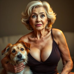 An attractive 70-year-old woman in sexy attire, prominently showcasing her ample décolletage