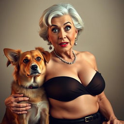 An attractive 70-year-old woman in sexy attire, prominently showcasing her ample décolletage