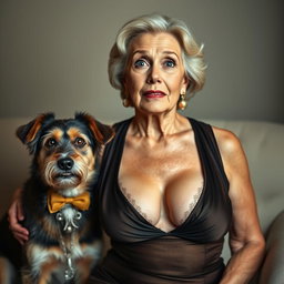 An attractive 70-year-old woman in sexy attire, prominently displaying her ample décolletage
