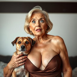 An attractive 70-year-old woman in sexy attire, prominently displaying her ample décolletage