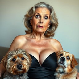 An attractive 70-year-old woman in sexy attire, prominently displaying her ample décolletage