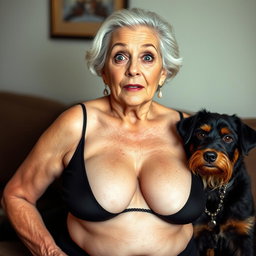 An attractive 70-year-old woman in sexy attire, prominently displaying her ample décolletage