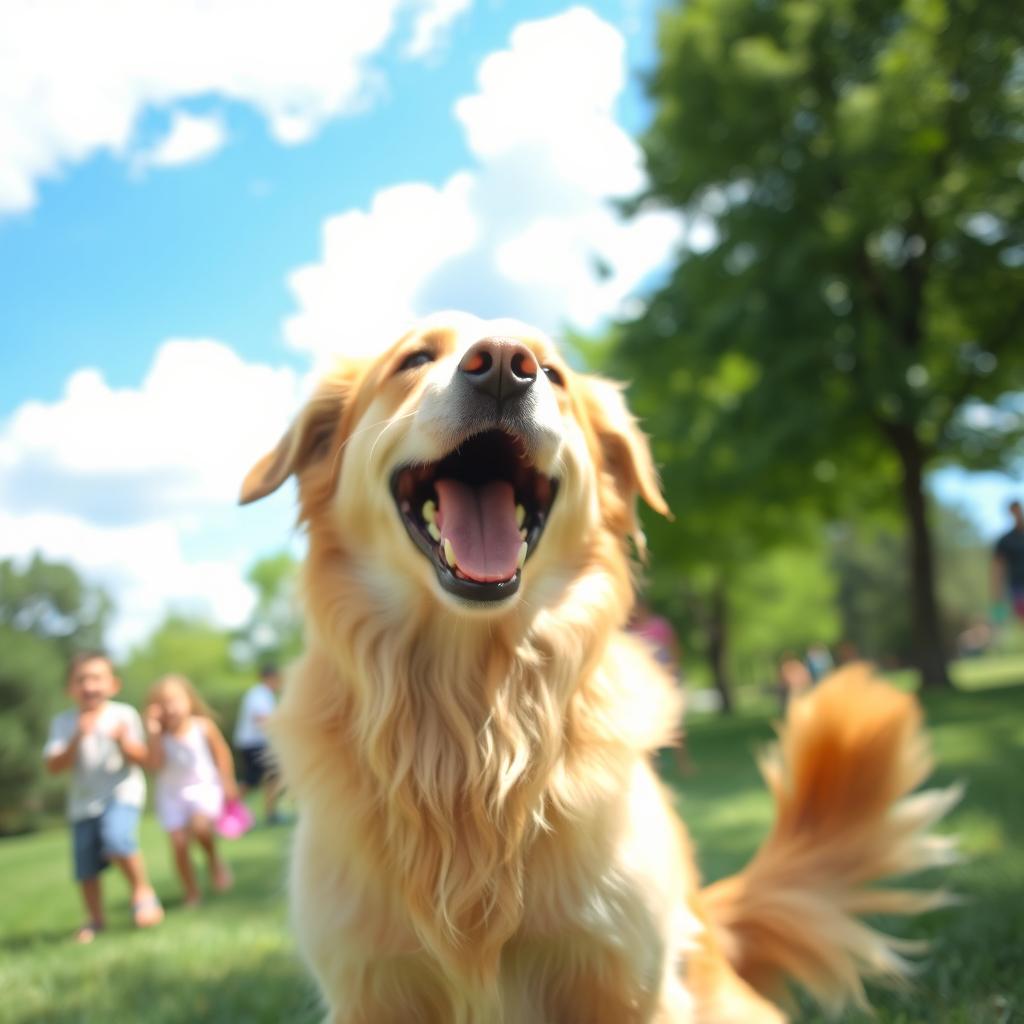 A friendly dog barking joyfully in a sunny park setting, with trees and green grass around