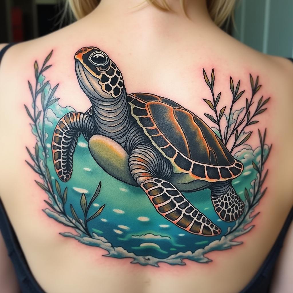 A beautifully detailed tattoo design featuring a turtle, showcasing intricate shell patterns and natural textures