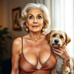 An attractive 70-year-old woman in sexy attire, showcasing her ample décolletage