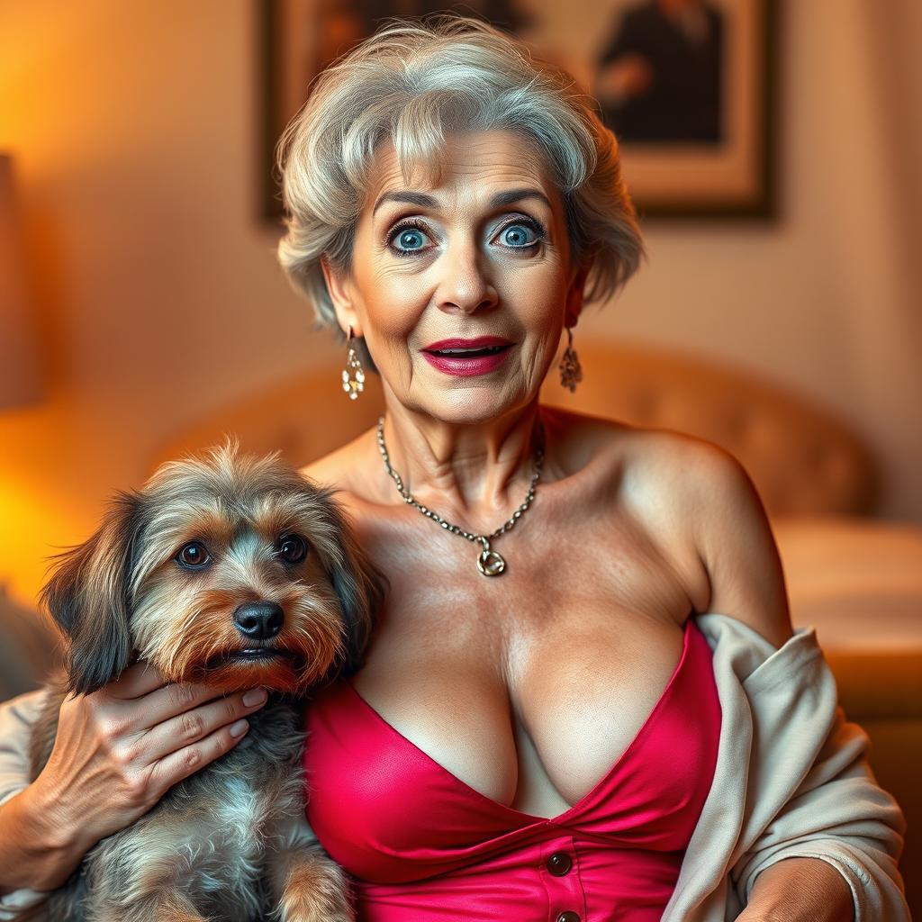An attractive 70-year-old woman in sexy attire, showcasing her ample décolletage