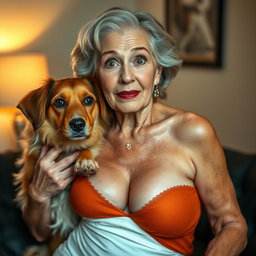 An attractive 70-year-old woman in sexy attire, showcasing her ample décolletage