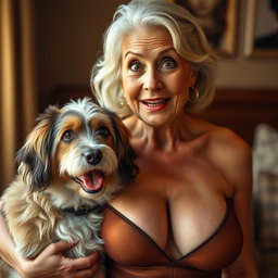 An attractive 70-year-old woman in sexy attire, showcasing her ample décolletage