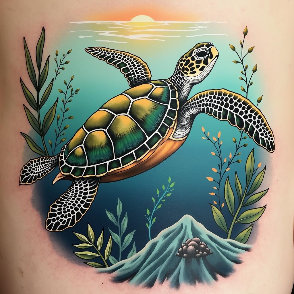 A beautifully detailed tattoo design featuring a turtle, showcasing intricate shell patterns and natural textures