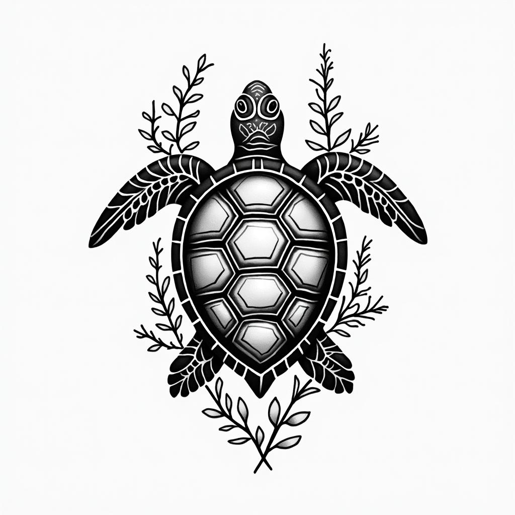 A striking black and white tattoo design featuring a turtle, showcasing intricate shell patterns and detailed textures