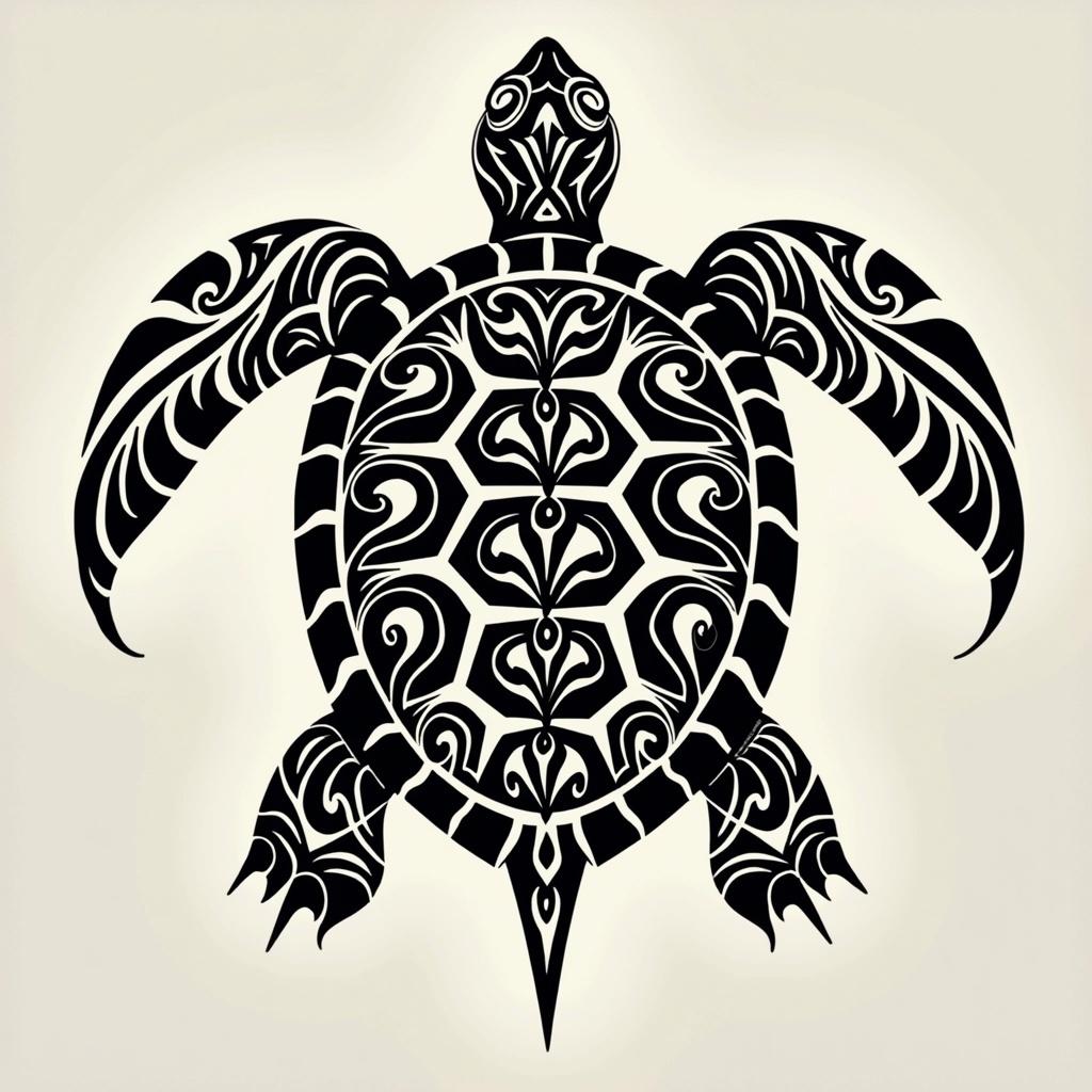 An intricate black and white tribal tattoo design featuring a turtle, incorporating bold lines and geometric patterns