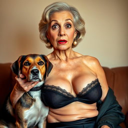 An attractive 70-year-old woman in sexy clothing, confidently showcasing her ample décolletage