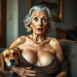 An attractive 70-year-old woman in sexy clothing, confidently showcasing her ample décolletage
