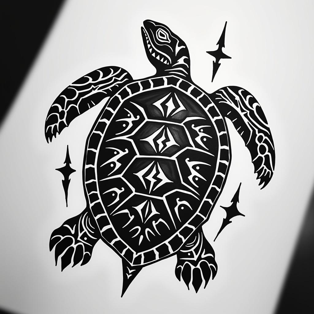 An aggressive tribal tattoo design featuring a turtle, rendered in striking black and white