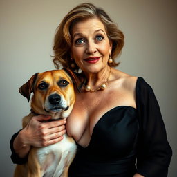 An attractive 70-year-old woman in sexy attire, proudly showcasing her ample décolletage
