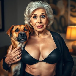 An attractive 70-year-old woman in sexy attire, proudly showcasing her ample décolletage